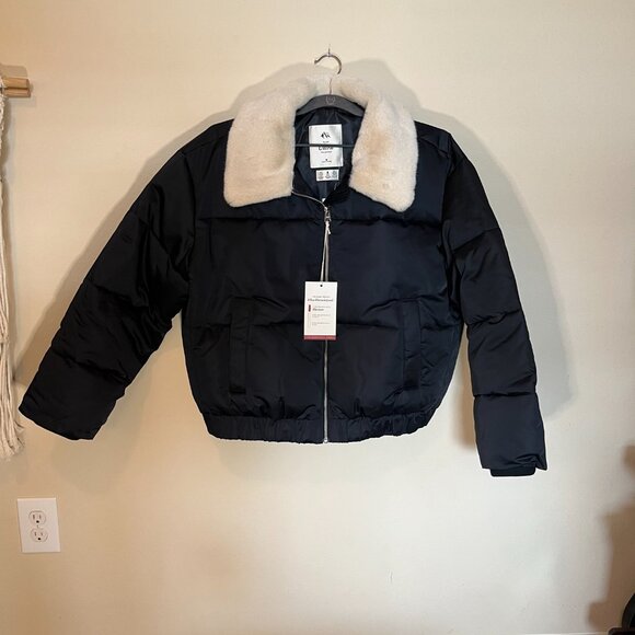 Abercrombie & Fitch Faux Fur Collar Mini Ultra Puffer Black Women's Medium - Picture 2 of 16